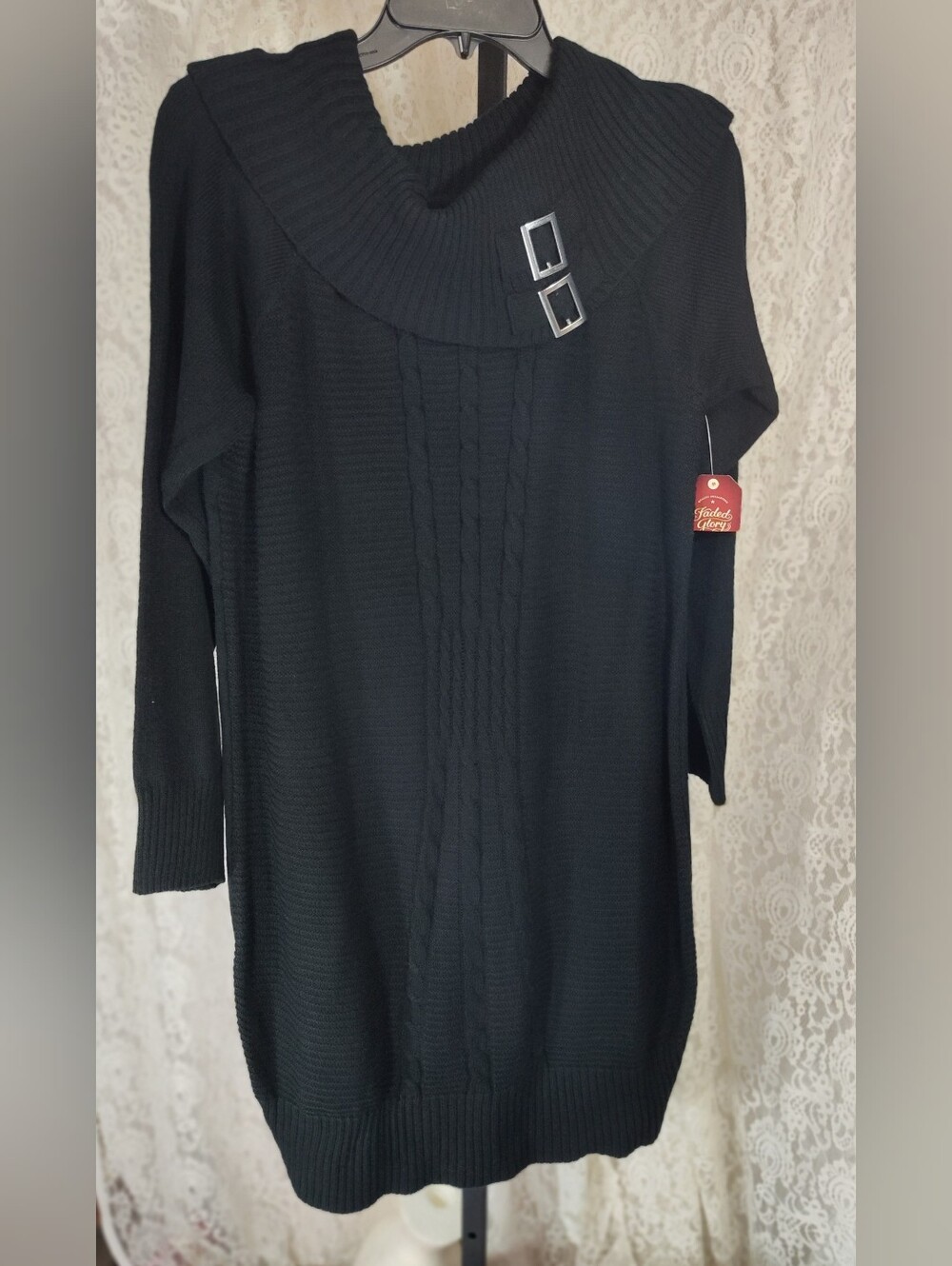 Rich Black Cable-Knit Cowl Neck Sweater Dress Tunic Boot with Buckles